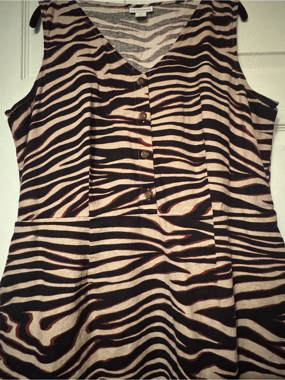 Liz Claiborne Sz XL Linen Black and Cream Zebra Print Button Front dress - Picture 4 of 10